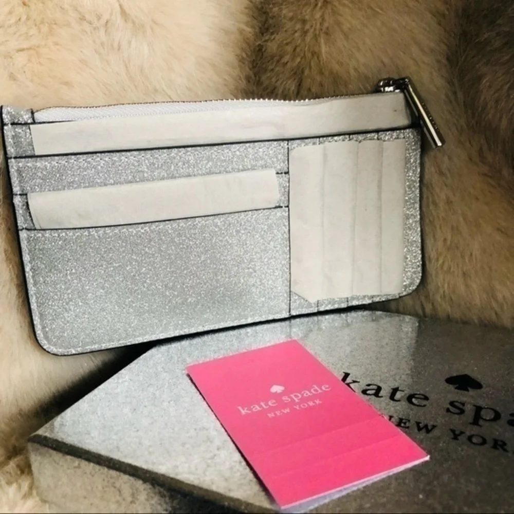 Kate Spade Silver Glitter Slim Wallet Zip Pouch NWT